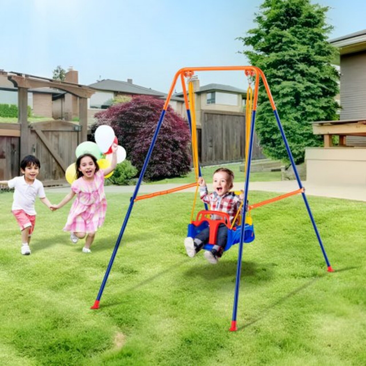 3 in 1 Toddler Swing Set with Sandbags Foldable Metal Stand for Indoor Outdoor Use